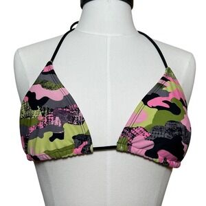 Y2K OP Womens Pink Green Camo Triangle Bikini Top M 2000s Beach